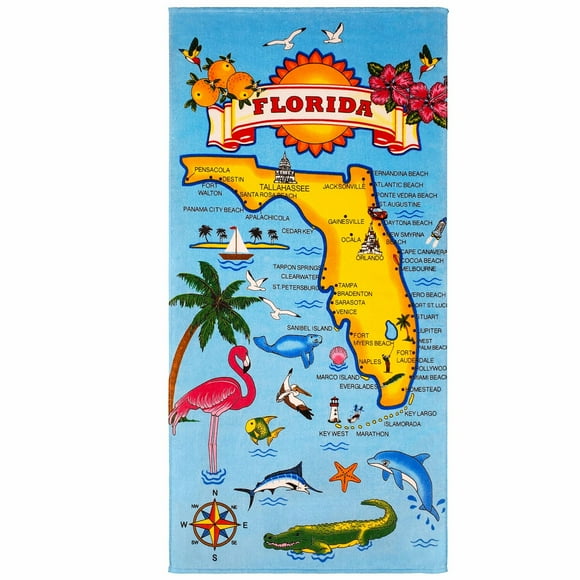 Sunshine State Flamingo Beach Towel - 100% Cotton, 30x60 inch, Florida Map Design