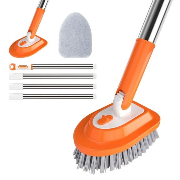 Shower Tub Tile Scrubber with Long Handle for Cleaning, 2-in-1 Shower Cleaner Brush, Extendable Scrubber for Cleaning Bathroom Shower Bathtub Floor (Sun Orange)