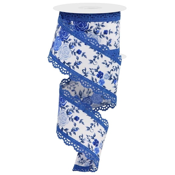 2.5" Mini Roses and Lace Ribbon: Blue (10 Yards)
