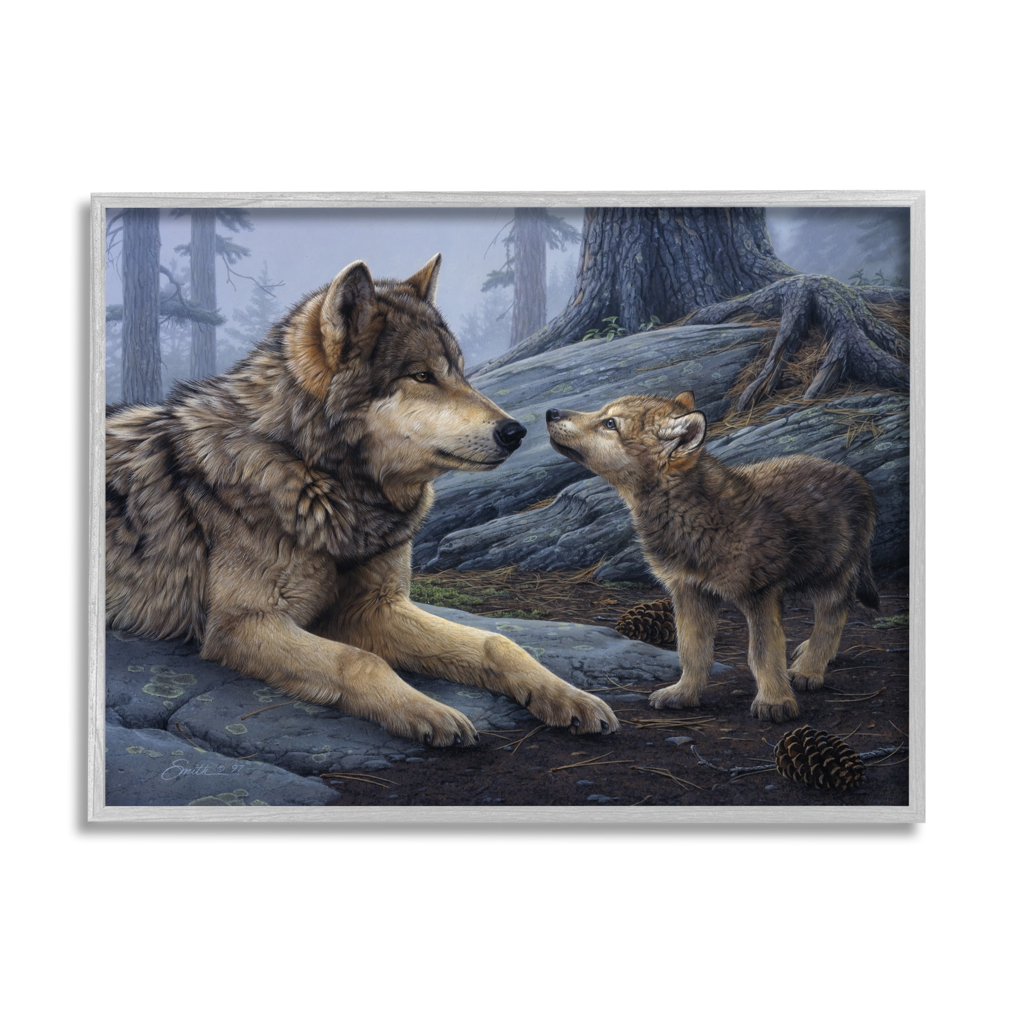 Stupell Industries Wolf & Cub Woodland Forest Animals & Insects Painting Gray Framed Art Print Wall Art