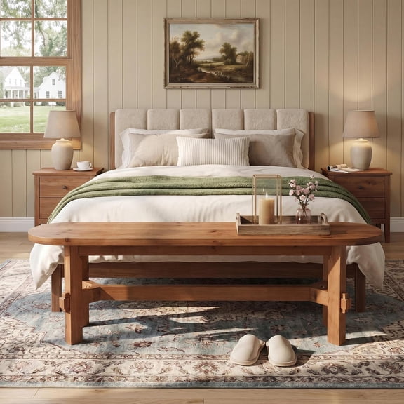 Finmind Solid Wood Dining Bench, 55" Entryway Bench, Dining Room, Bedroom, Brown
