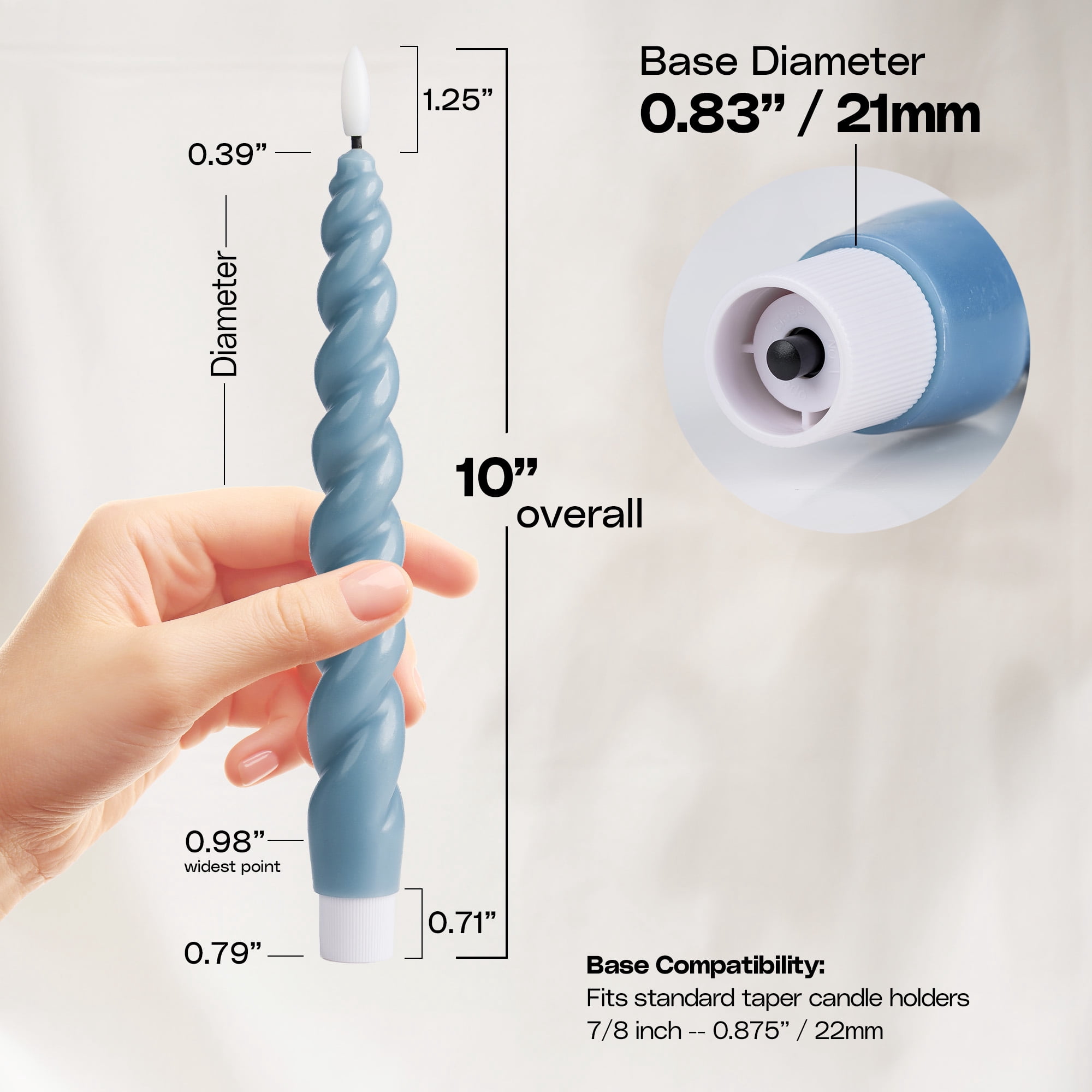 WYZworks 10" Flameless LED Taper Candles – Full Twisted Spiral – Dusty Blue, Set of 6 – Remote, 2/4/6/8-Hr Timer (24-hr Memory), Bottom On/Off Button, Dimmable, Battery Operated, Flicker/Steady