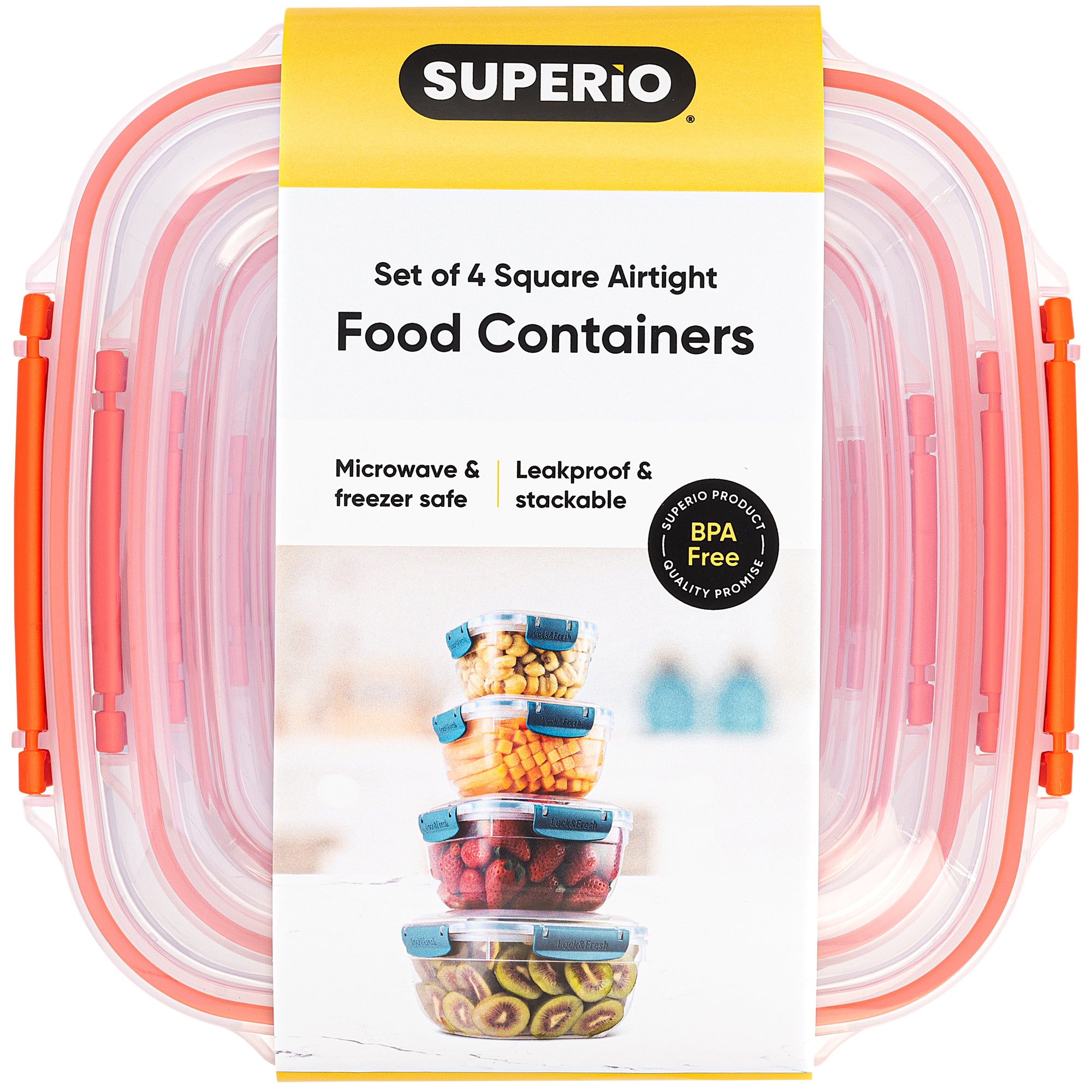 Superio Plastic Airtight Food Storage Containers, Set of 4 Sealed Clear Container Bowls with Lids, BPA Free, Square, Orange
