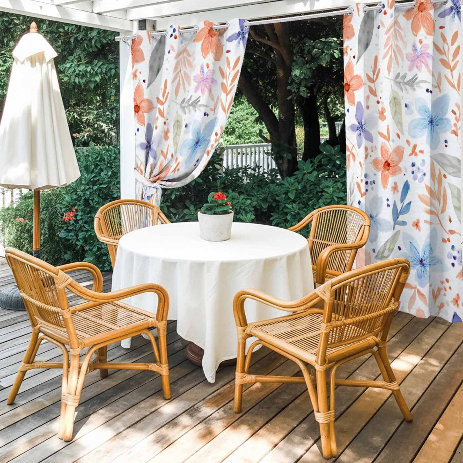 Blue Pink Floral Outdoor Curtains for Patio, Boho Light Blue Pink Flowers Leaf Sunshade Privacy Drapes Grommet Waterproof Outside Curtains for Porch/Cabana/Balcony 54"x 108", 1 Panel
