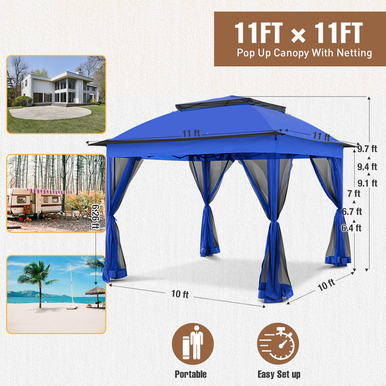 INTER HUT 11x11 Outdoor Pop up Gazebo Tent with Mesh Walls for Patio, Lawn, Backyard and Deck, Blue