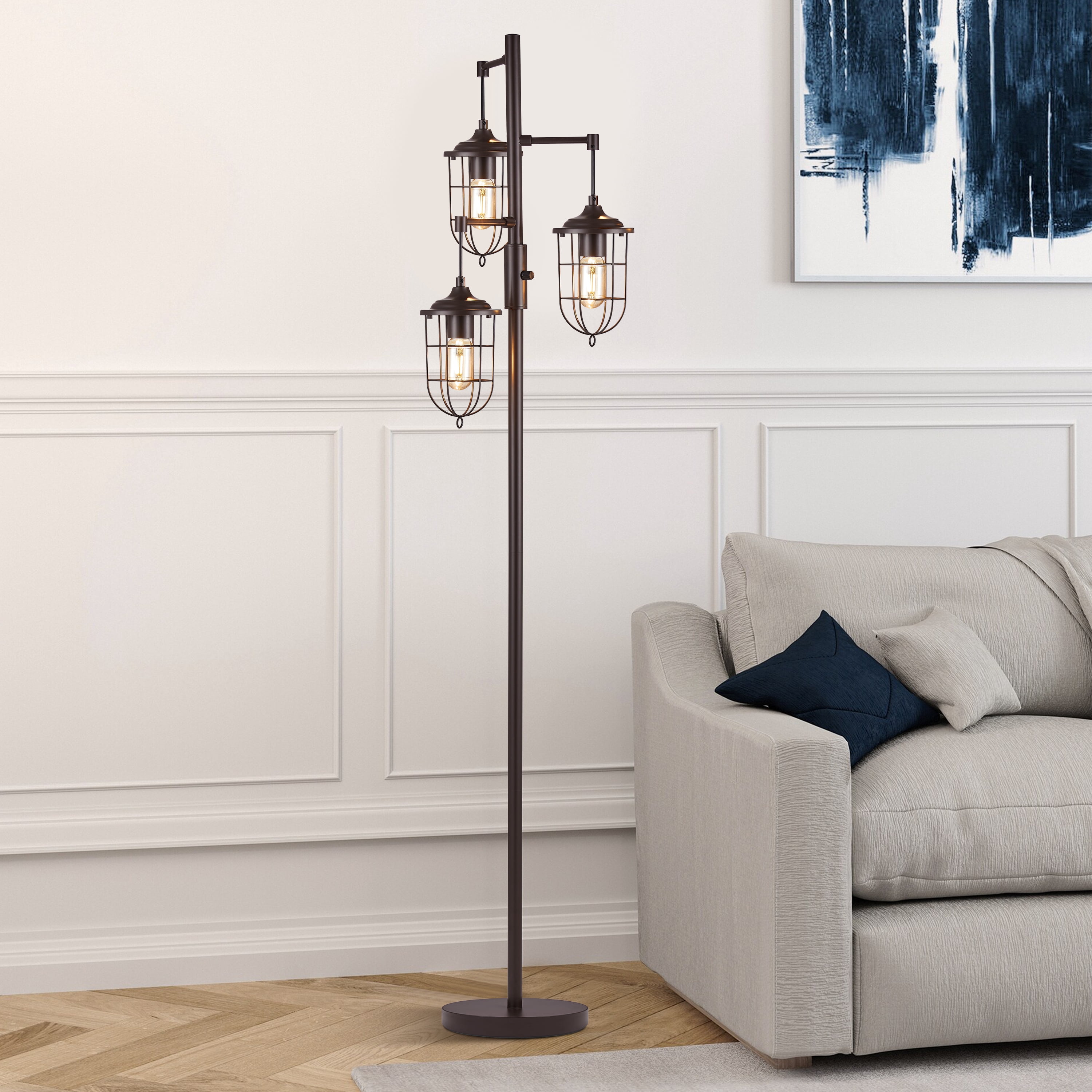 KAWOTI 64.75'' Industrial Bronze 3-Light Lantern Floor Lamp with  Metal Cage Shades, Bulbs Included