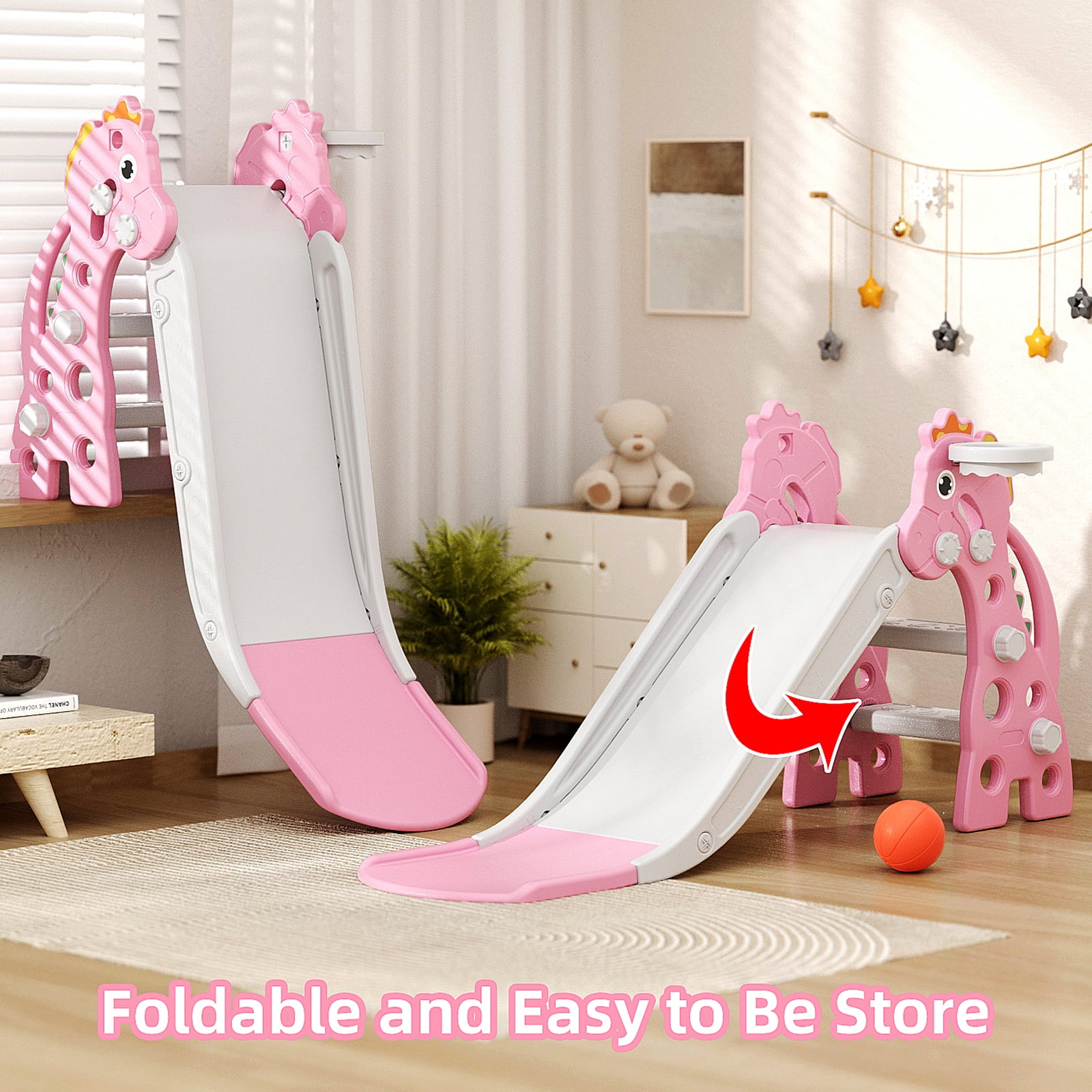 KORIMEFA Toddler Slide Indoor Slide for Toddlers Age 1-3 Kids Indoor Outdoor Slide Baby Plastic Play Slide with Basketball Hoop and Ball Foldable Slide, Pink