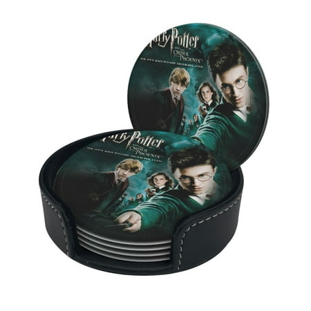 

Harry Potter Order of the Phoenix Round Coaster Set Of 6 Tabletop Protection Mats Leather Drink Cup Coasters Kitchen Coffee Decor