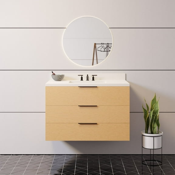 Oslo 36" Floating Wall Mounted Bathroom Vanity with Blonde Veneer Cabinet and Matte White Top