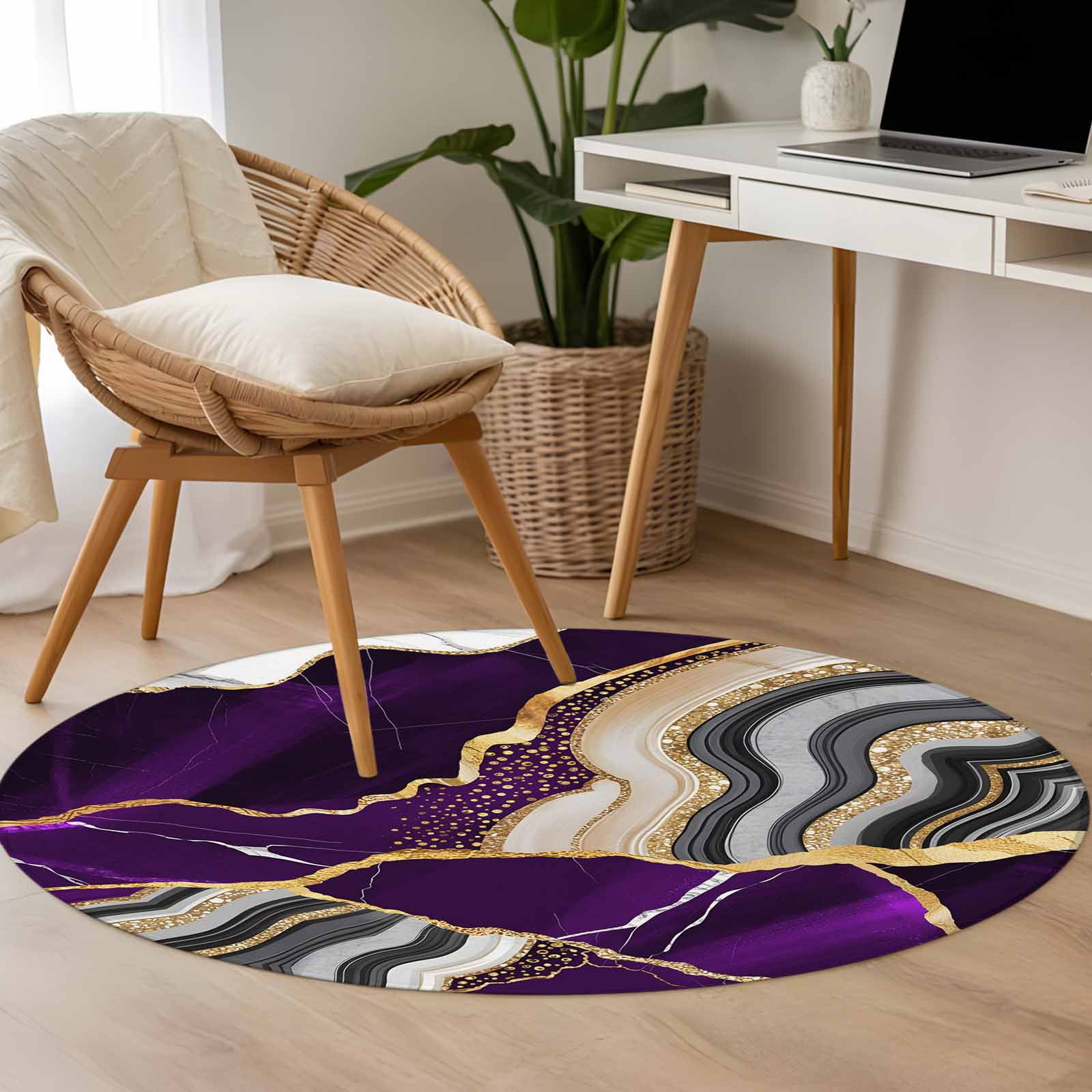Round Rugs 4Ft, Purple Marble Round Area Rug Washable Indoor Throw Carpet, Grey Gold Texture Vintage Farmhouse Art Soft Non Slip Circle Rug for Kitchen Nursery Room Home Decor Aesthetic