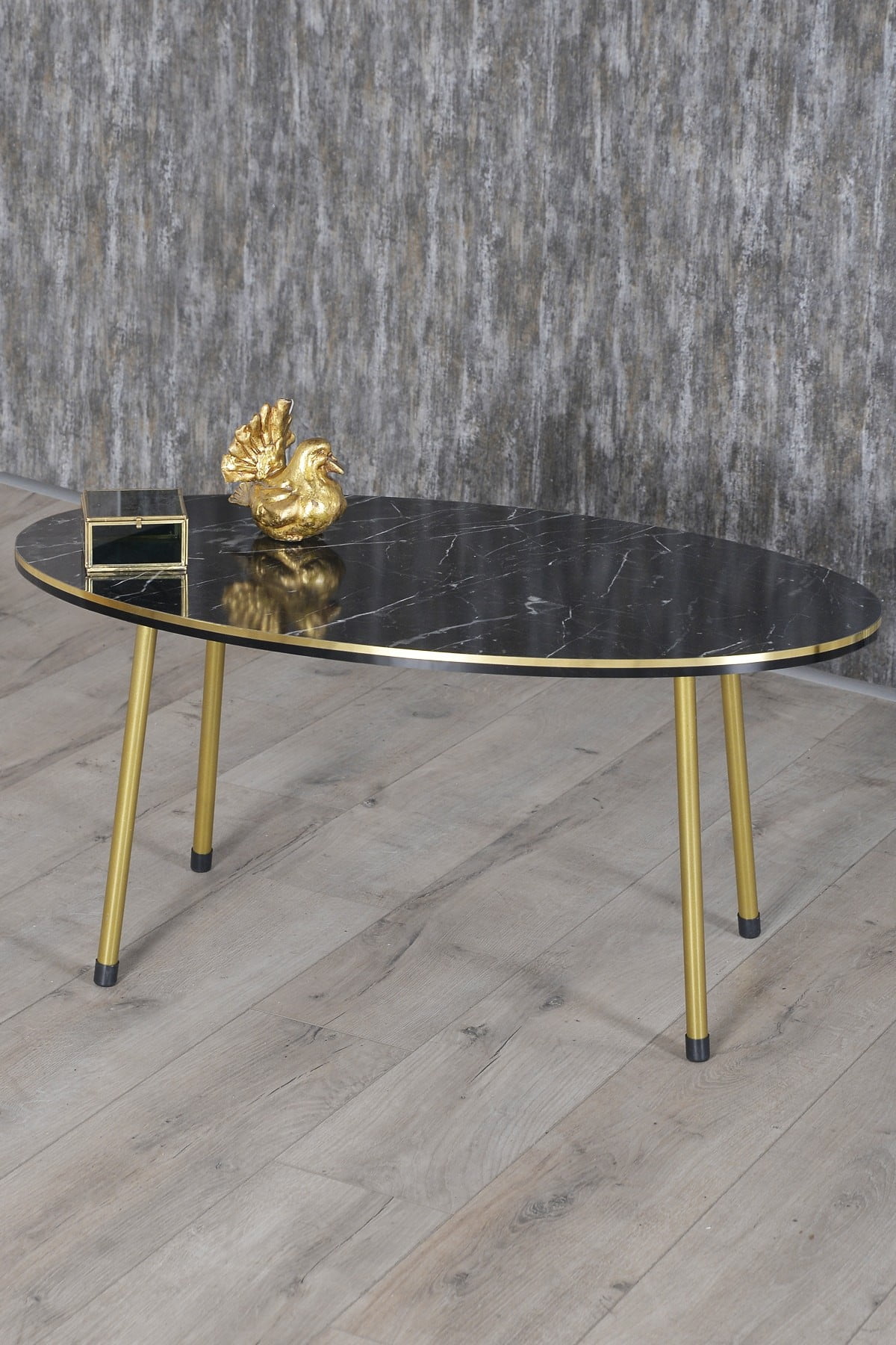 Black Marble Oval Coffee Table with Gold Metal Legs, Modern Style Round ...