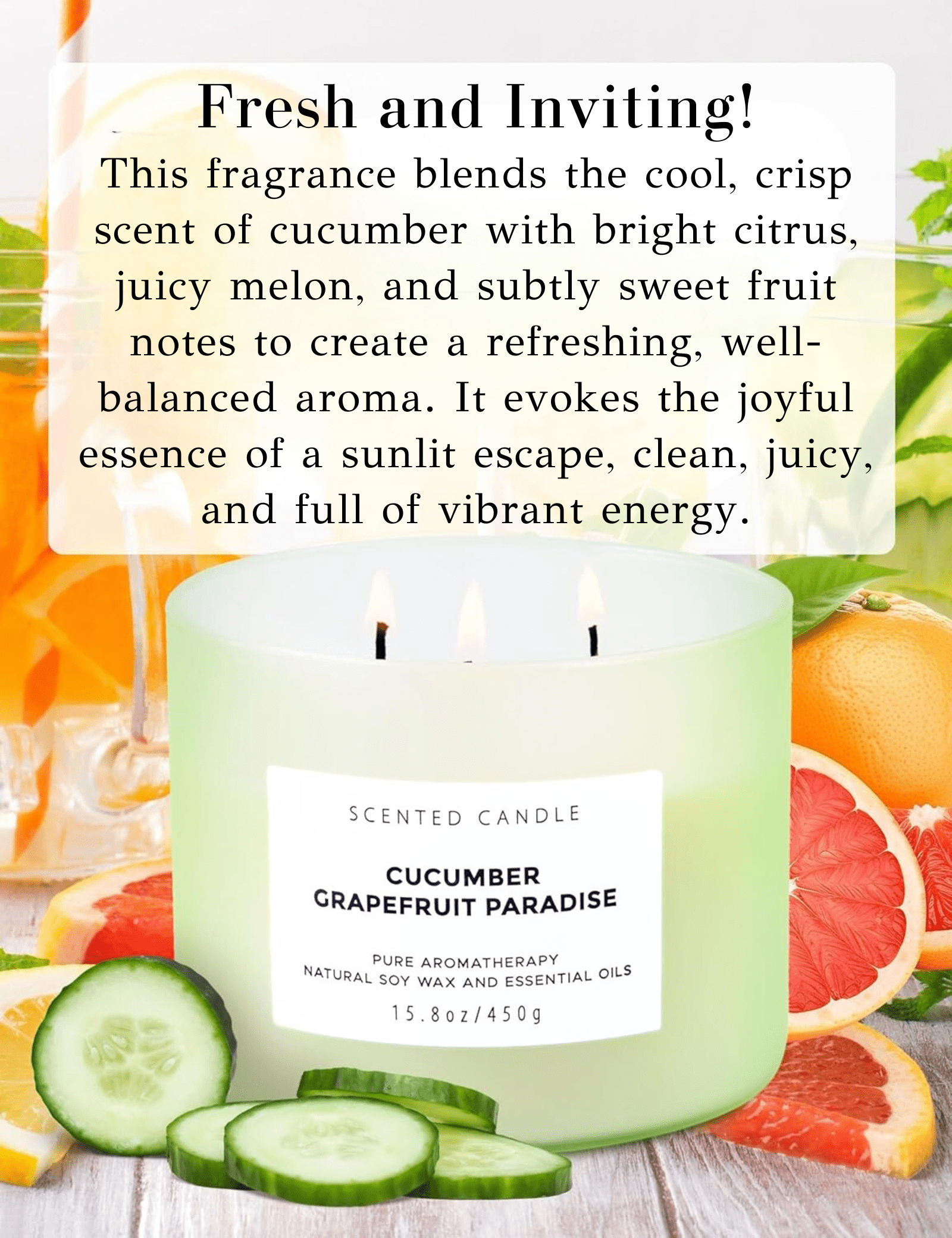 Cucumber Grapefruit Paradise 3-Wick Soy Candle – Fresh Citrus Aromatherapy Candle in Gift Box | 15.8 oz Clean Burning Scented Candle with Reusable Jar