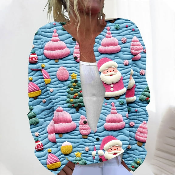 Otvok Winter Women's Print Cardigan Long Sleeve Open Front Button Down Knitted Sweaters Christmas