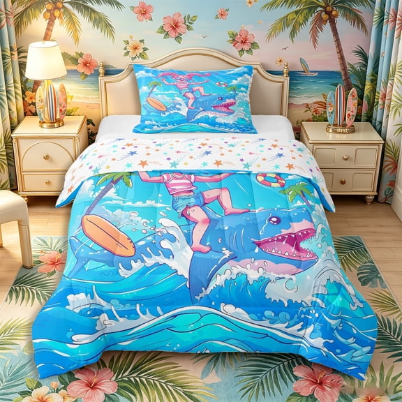Castle Fairy Cute Cartoon Summer Surf Girl Twin Comforter Sets 2pcs,Shark Palm Bubble Kids Beach Art Bedding Set,Bright Cyan,Reversible,1 Comforter and 1 Pillowcase
