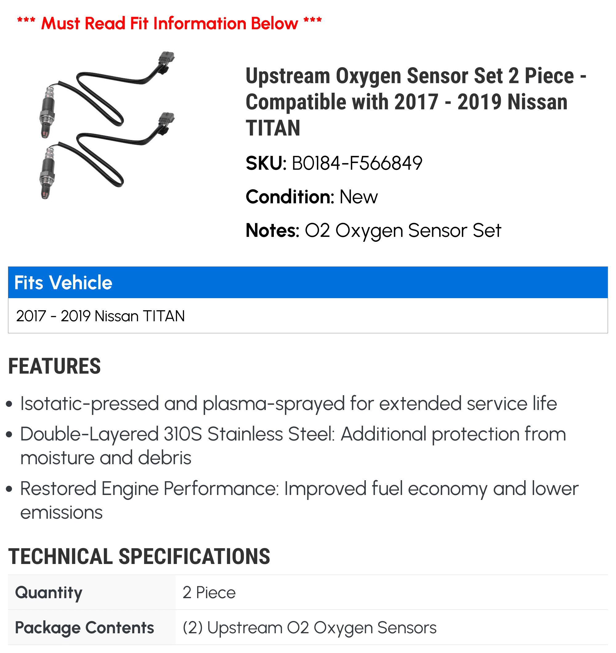 Upstream Oxygen Sensor Set 2 Piece - Compatible with 2017 - 2019 Nissan TITAN 2018