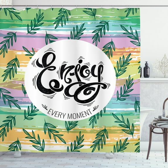 Enjoy Every Moment Shower Curtain, Text in Round Frame and Leafy Branches on Vibrant Brushstrokes, Fabric Bathroom Set with Hooks, 69W X 75L Inches Long, Multicolor, by Ambesonne