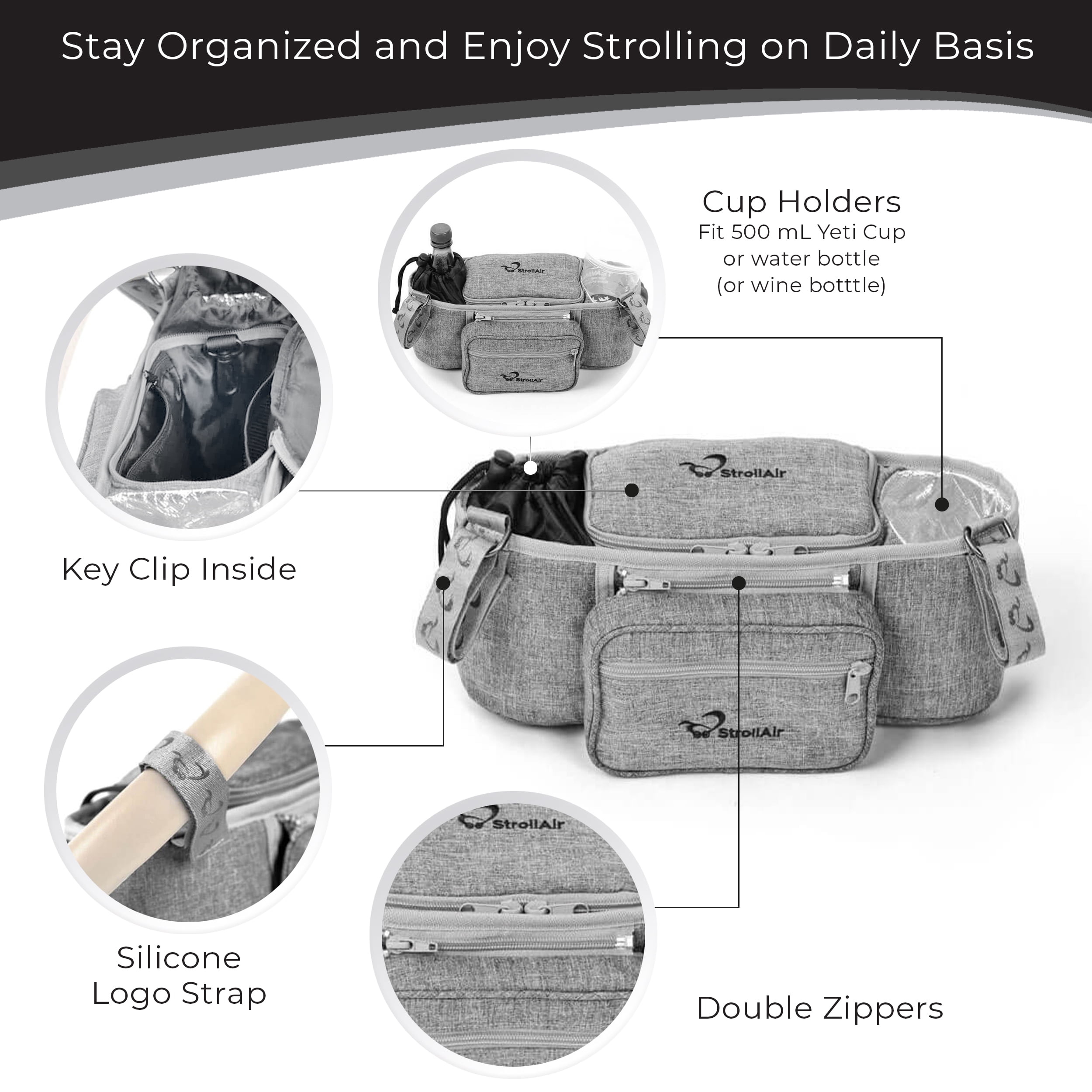 StrollAir - Universal Organizer for Single Strollers - Compatible with CosmoS, SOLO, Nuna, Baby Jogger, Bumbleride, Uppababy, Bugaboo - Black (Black)