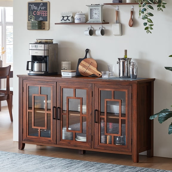 Rustic Sideboard Buffet Cabinet with Versatile Storage, 55" Large Coffee Bar Cabinet with Glass Doors and Shelves for Dining Room, Brown