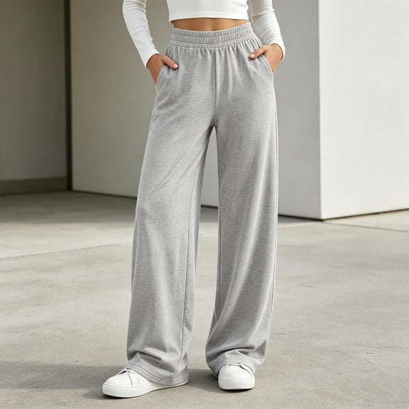 Kinrui Baggy Sweatpants for Petite Women Elastic Waist Wide Leg Pant Baggy Lounge Comfy Sweat Pants for Teen Girl Junior with Pocket Gray M