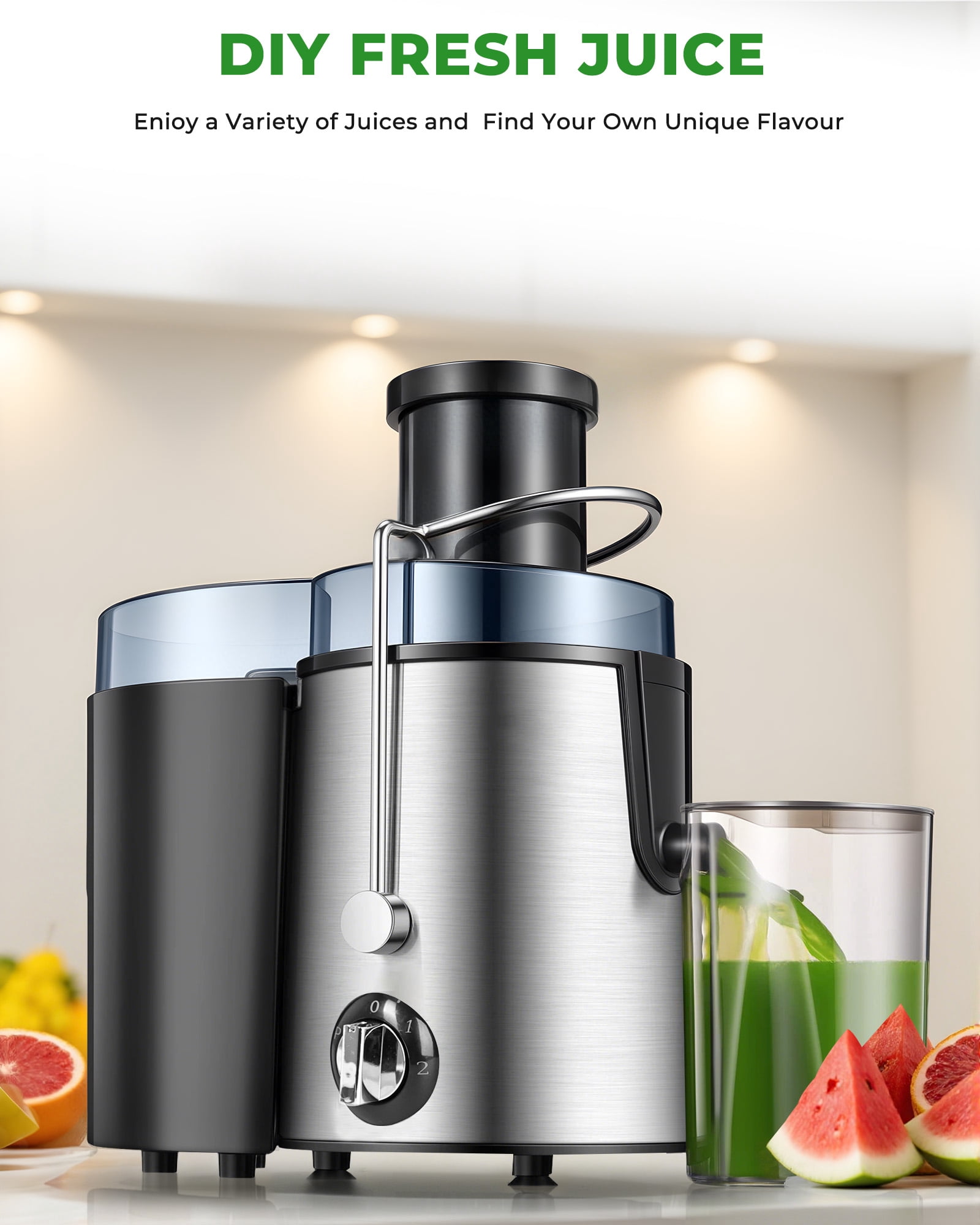 Casualife Electric Juicer Machine, 3 Inch Wide Feed Chute, Centrifugal Juicer for Whole Fruits and Vegetables, Easy to Clean, Silver