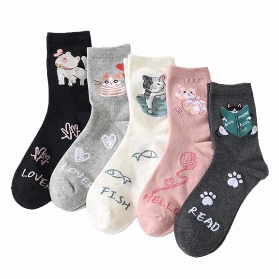 Kicpot 5 Pair Cute Animal Design Women's Casual Comfortable Crew Socks Cat Animal-Print Fun Socks Moisture Wicking