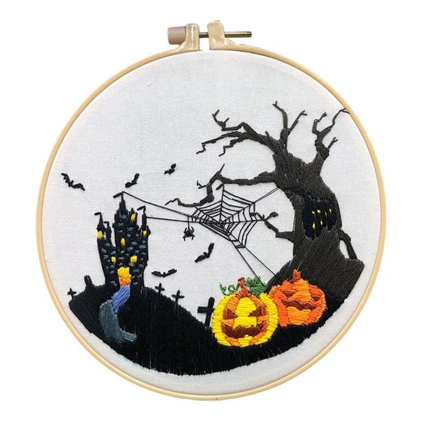 Kit de inicio de bordado con temática de Halloween, adorno fácil de usar con patrón de algodón Castillo de calabaza