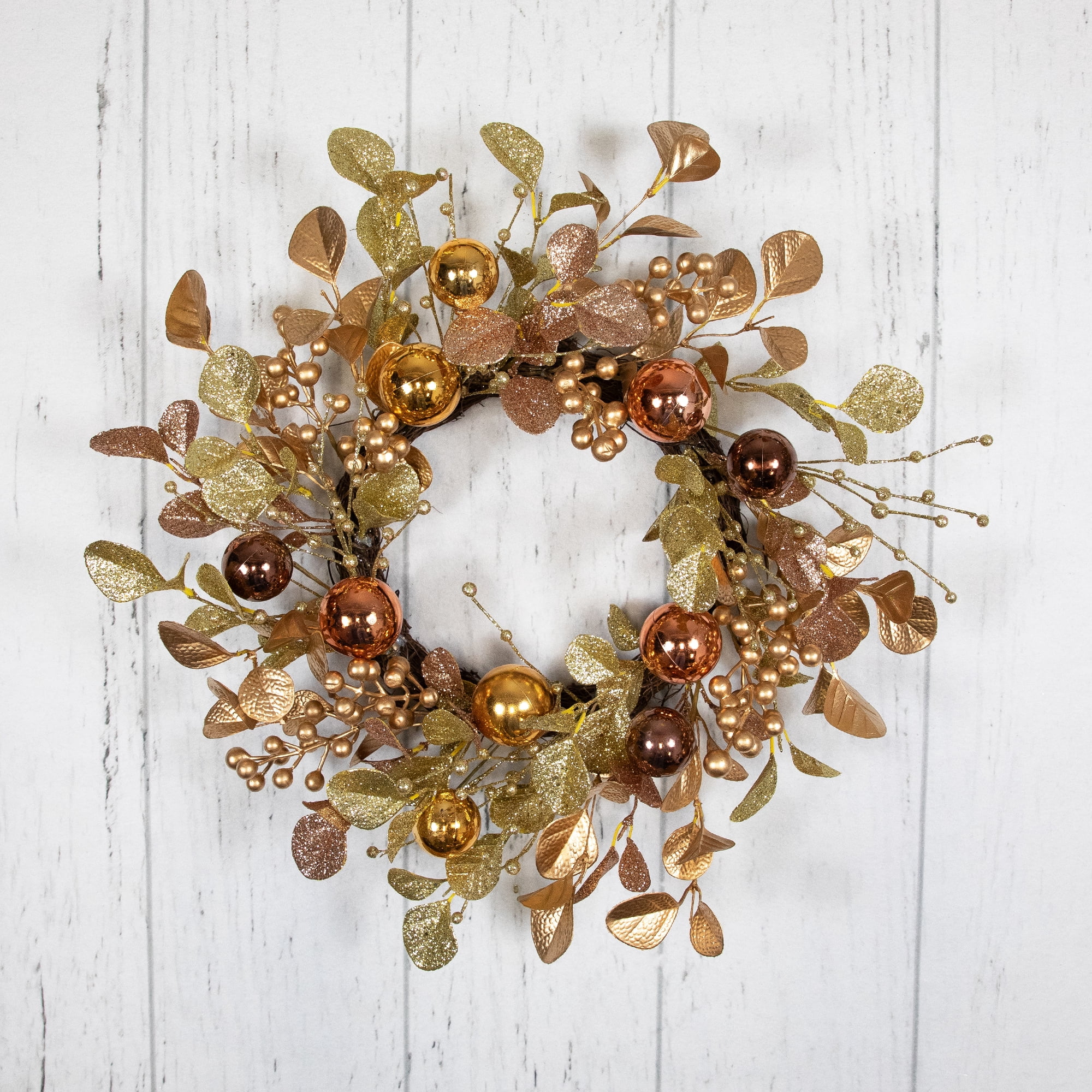 Ball Ornament Glittered Artificial Christmas Wreath - 24" - Gold and Copper Tone