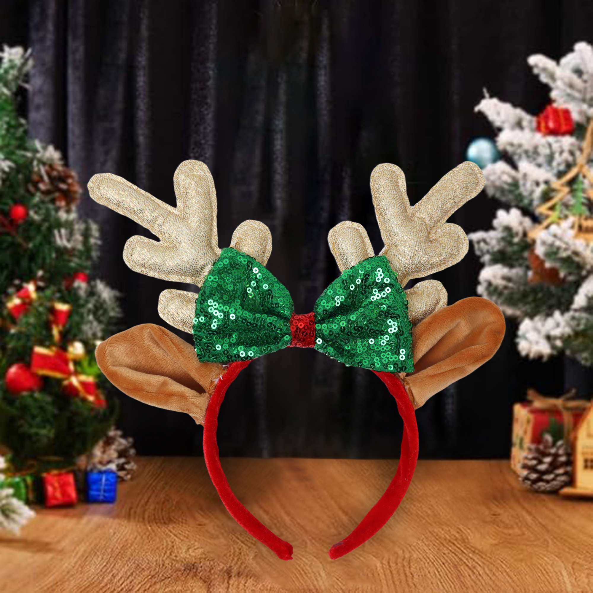 Holiday time reindeer with green bow headband,9 inch height,multi colour