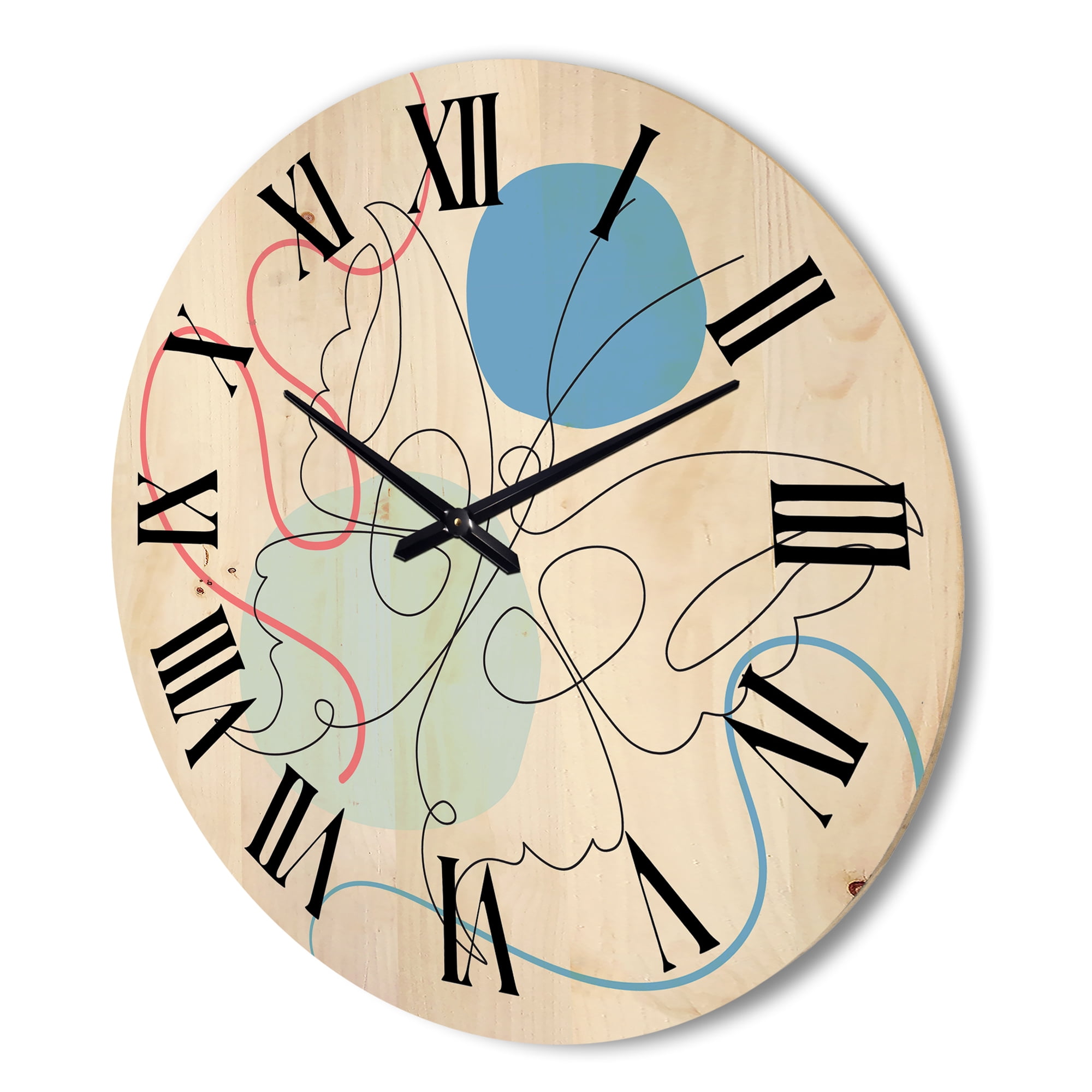 Designart 'Butterfly With One Line Drawing On Cubism Shapes I' Modern Wood Wall Clock