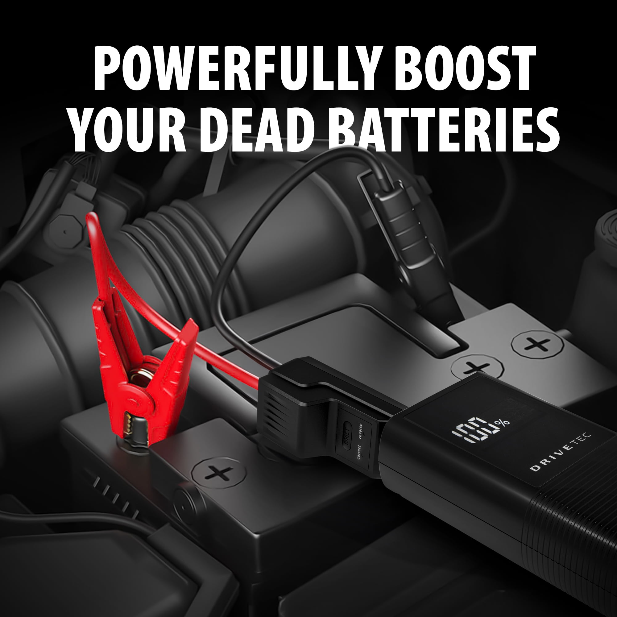 Drivetec 3-in-1 Portable Car Jump Starter – 1000A Battery Booster for 12V Vehicles, Up to 6.0L Gas & 3.0L Diesel – Compact Power Bank with LCD Display, USB-C, LED Flashlight, Smart Safety Clamps