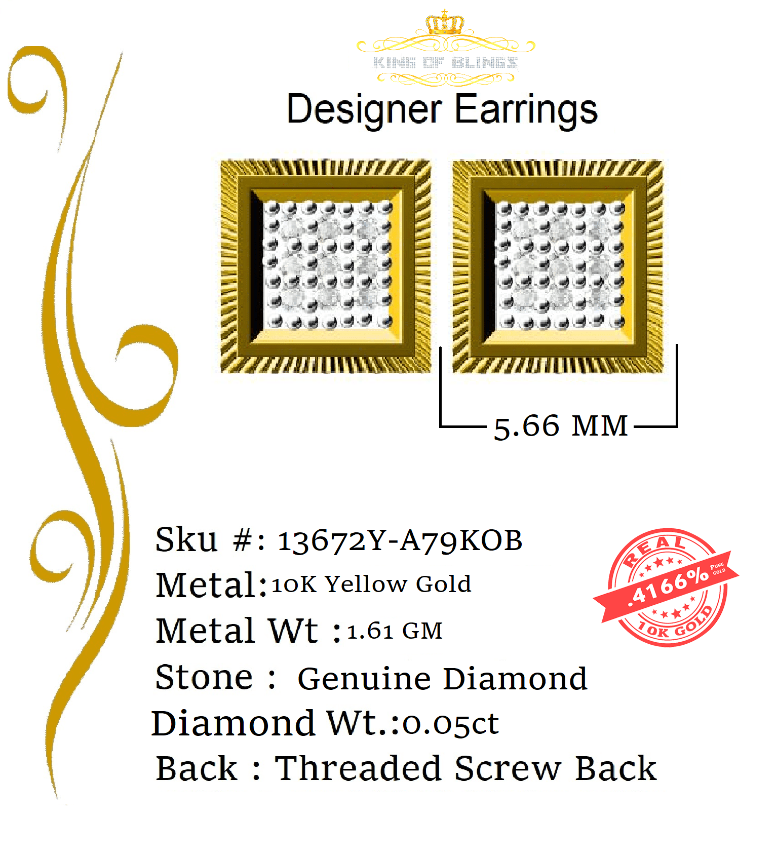 King of Bling's 10K Yellow Real Gold with Real 0.05CT Diamonds Men's/Women's Square Stud Earring