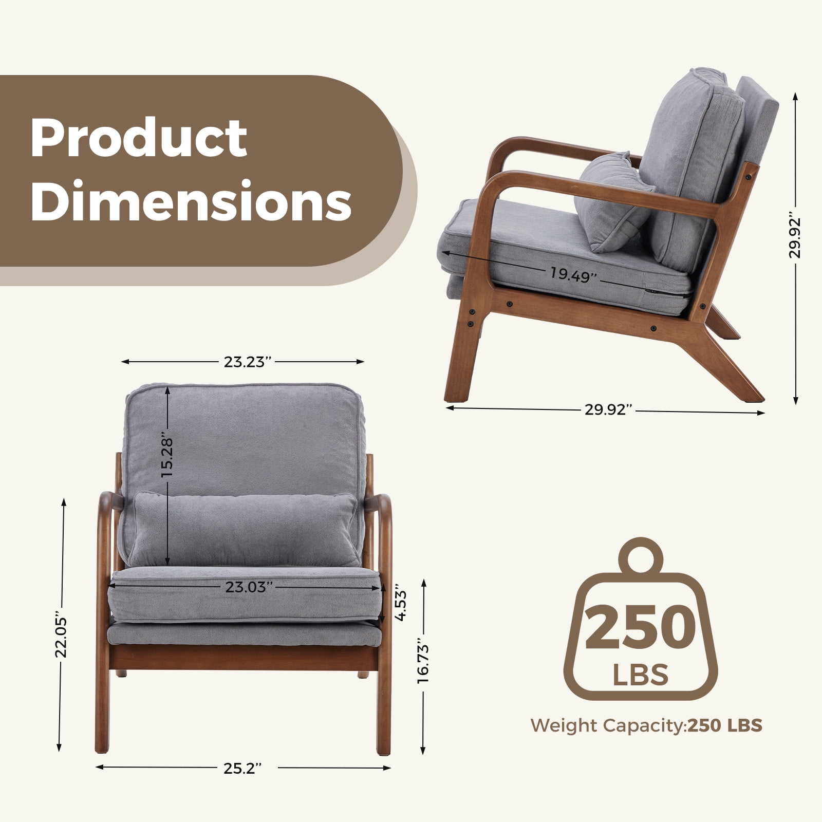 Mid-Century Modern Accent Chair with Arms and Waist Cushion, Solid Wooden Frame