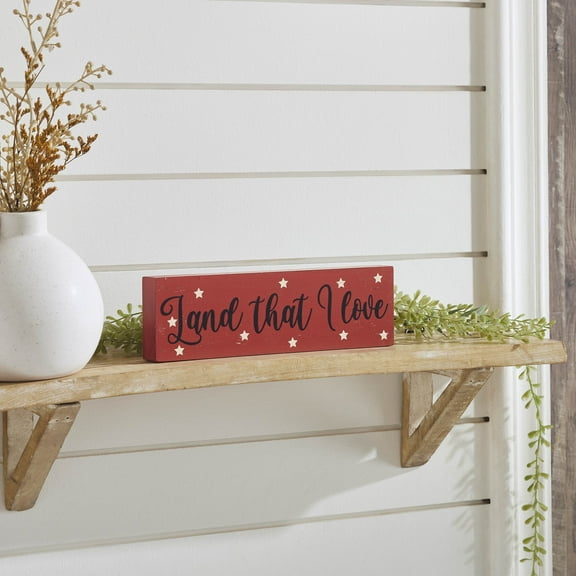 VHC Brands Patriotic Land That I Love w/Stars MDF Block Sign 3x10x1, Independence Day Decor, Decorative Sign, Rustic Farmhouse Fourth of July Decorations, Crimson Red, Navy Blue, White