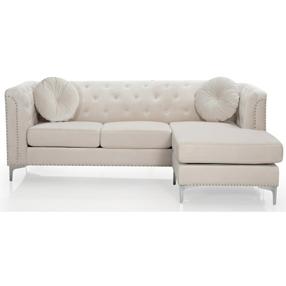 Passion Furniture Pompano 83 in. Ivory Tufted Velvet Sectional with 2-Throw Pillow