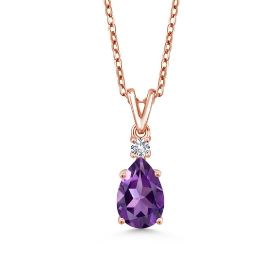 Gem Stone King 18K Rose Gold Plated Silver Purple Amethyst and White Created Sapphire Pendant Necklace for Women (1.34 Cttw, Gemstone February Birthstone, Pear Shape 9X6MM, with 18 inch Chain)