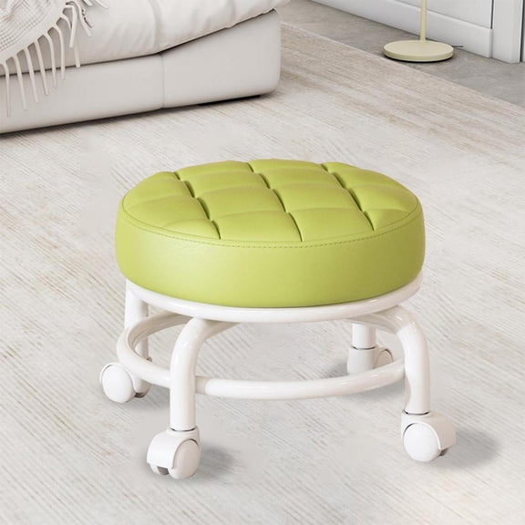 Padded Rolling Stool with 360° Swivel Wheels , Low Profile Round Soft Cushion Seat , Heavy Duty Sturdy Metal Frame , Mobile Utility Stool for Home office Kitchen Salon Makeup Cleaning Craft Work