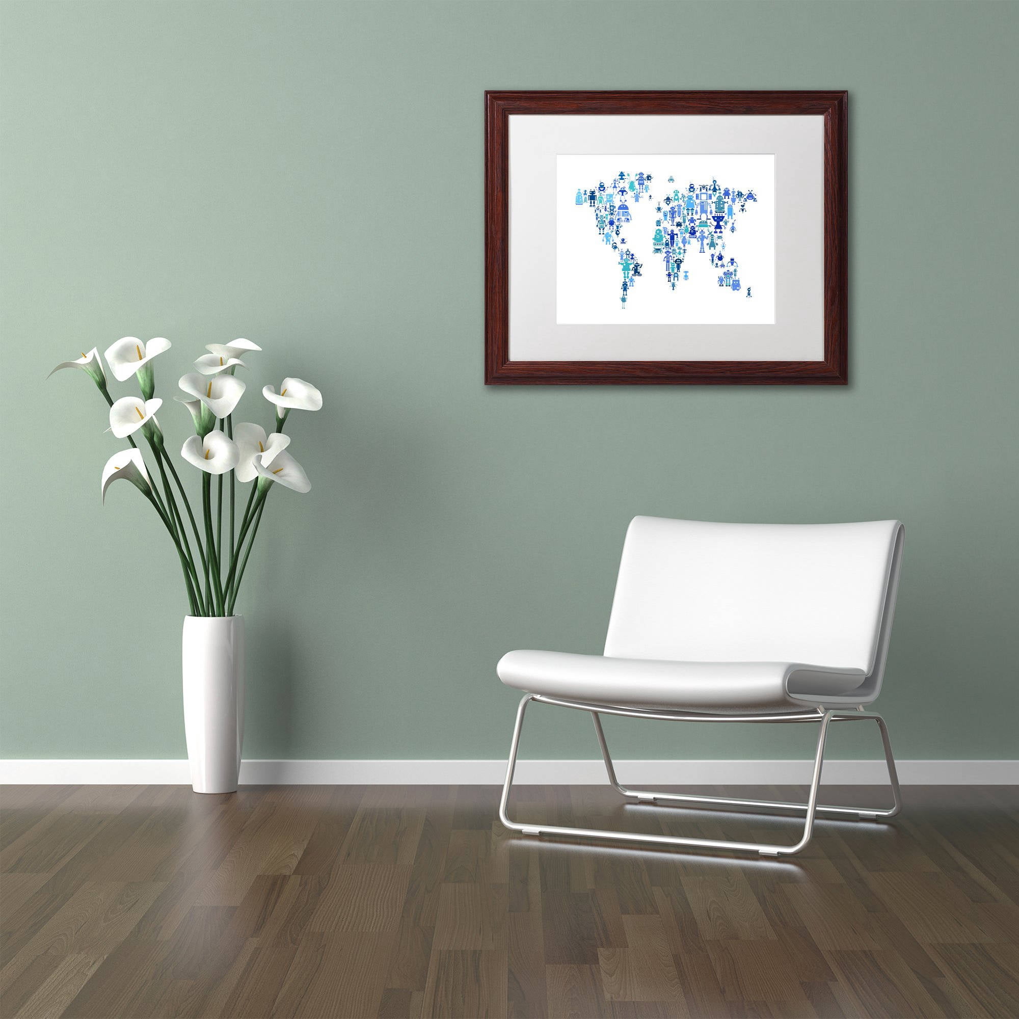 Trademark Fine Art "Robot Map of the World Blue" Canvas Art by Michael Tompsett, White Matte, Wood Frame
