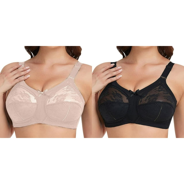 2 Pack(Black 1PCS & Beige 1PCS) Multipack Sports Bra with Padding Women's Plus Size Bra Minimiser Lace Full Coverage Firm Hold Non Padded Non Wired