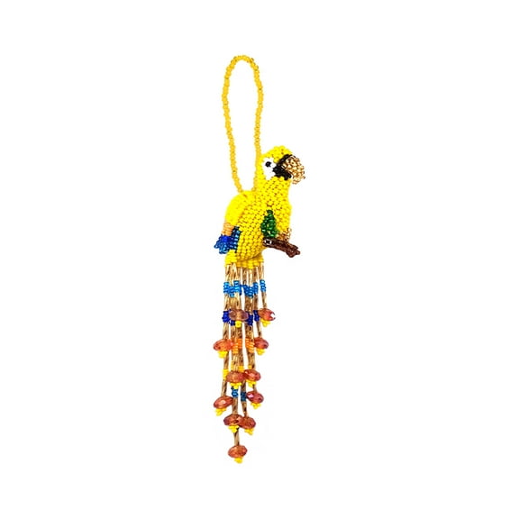 Matte Rainbow Parrot Bird Hanging Figurine Ornament Czech Glass Seed Bead Fringe Tail Dangles - Handmade Gifts Tropical Animal Boho Accessories