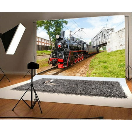 HelloDecor Polyester Fabric 7x5ft Photography Backdrop Old Black Steam Locomotive in Russia Retro Vintage Train Scene Photo Background Children Baby Adults Portraits