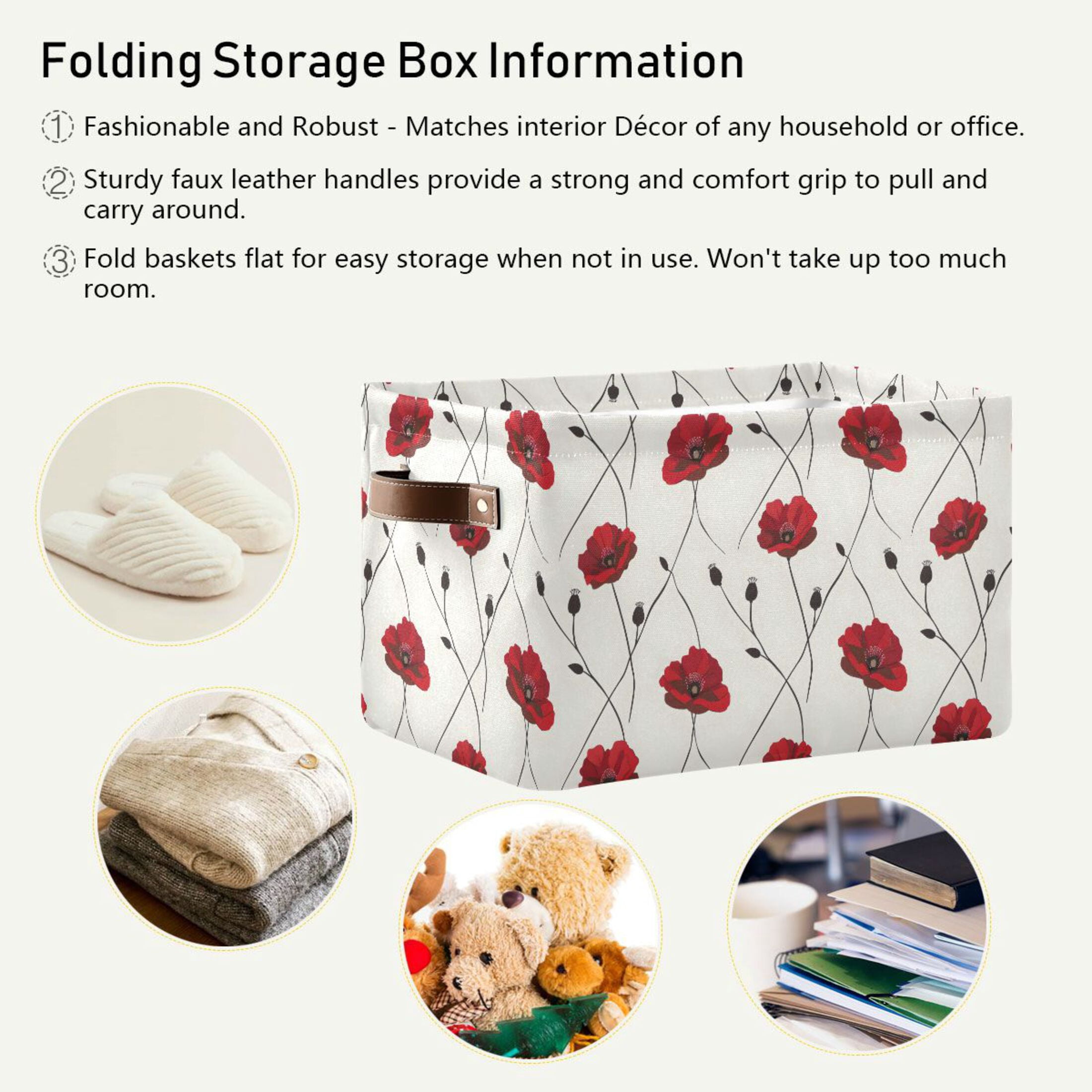 Poppies Flower Storage Bins with Handle Fabric Organizer Basket Foldable Box 2 Pack 14.2x10.2x8.3