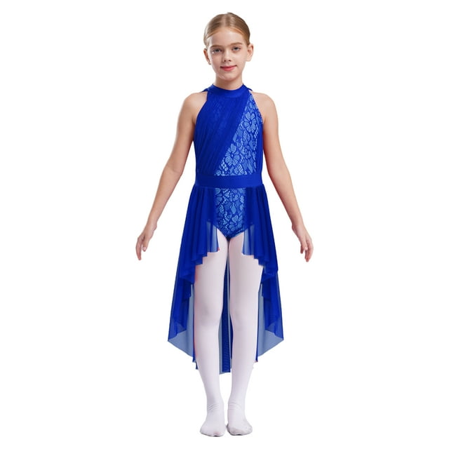 RUNQHUI Robe de Danse Lyrique en Dentelle Florale pour Filles Sans Manches Justaucorps Ballet Jupe Haute Basse Robe de Danse Contemporaine Bleue 8