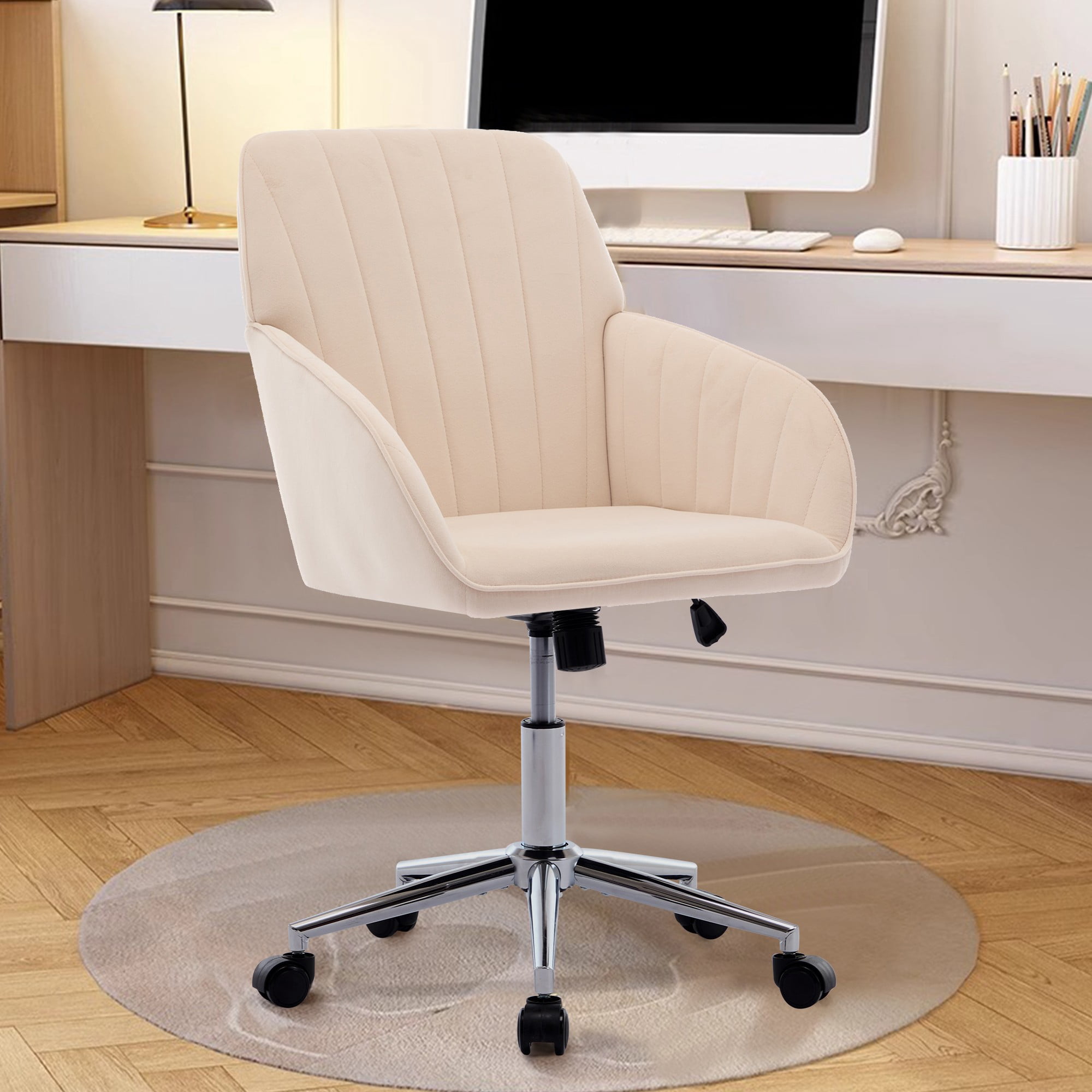 Modern Office Chair,Adjustable Arm Chair Computer Chair with Wheels,Swivel Vanity Chair for Living Room,khaki