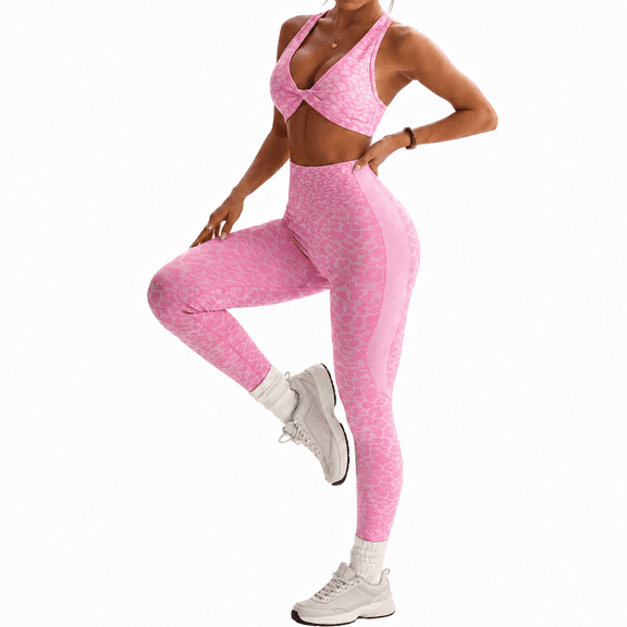Women’s Leopard Workout Set, 2 Piece Sports Bra & High Waist Leggings, Yoga Gym Outfit
