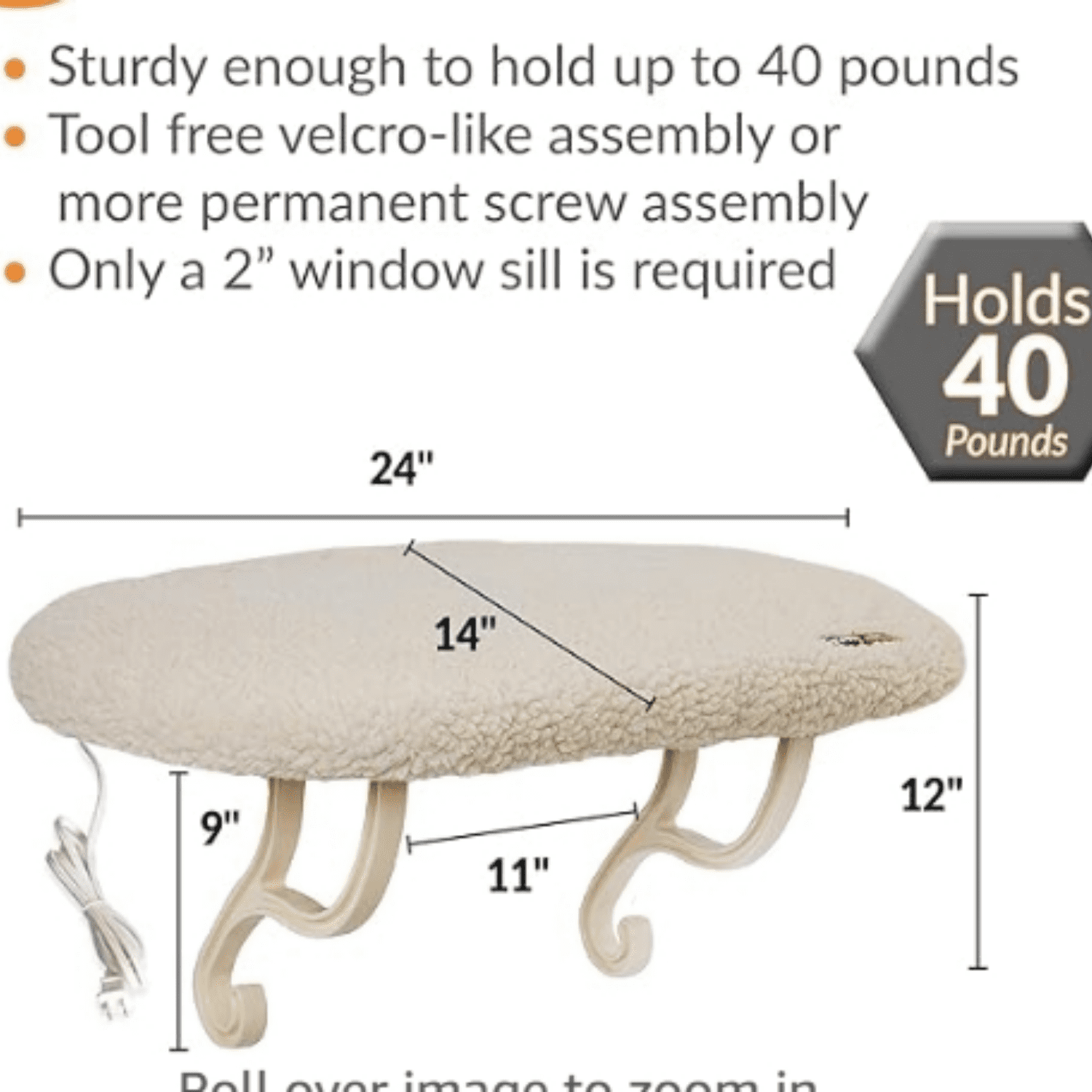 Kitty Sill Heated Cat Window Perch for Large Cats, Orthopedic Window Hammock Bed Holds 40LBS, Washable Cover, Kitty Windowsill Bed Seat for Indoors - Cream , Heated, 14 X 24in