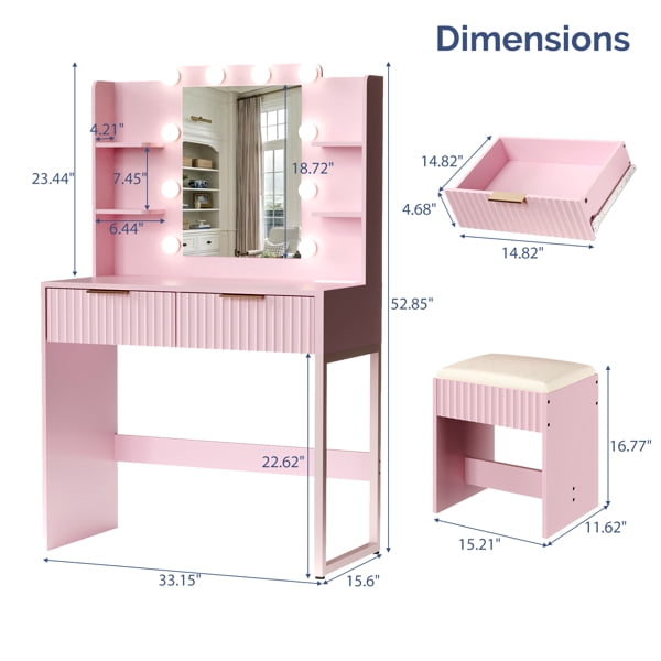 Alvantor 33.15 in Makeup Vanity Desk with Lighted Mirror, Power Strip, 2 Drawers, 4 Shelves and Cushioned Stool, Pink