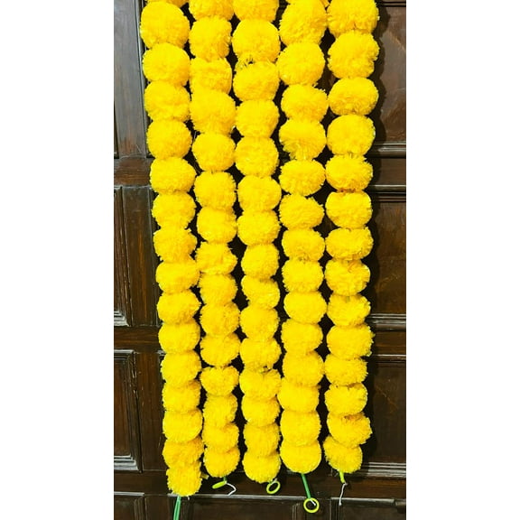 Pack of 5 Strings Indian Yellow and orange Artificial Decorative Marigold Flower Garland Strings for Diwali, Christmas, Wedding Party Decoration Strings