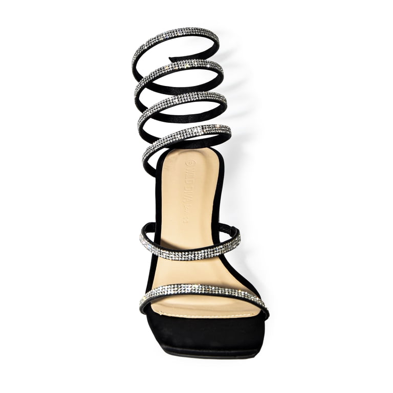 Wild Diva Rhinestone Spiral Ankle Strap Square Toe Low Block Heels