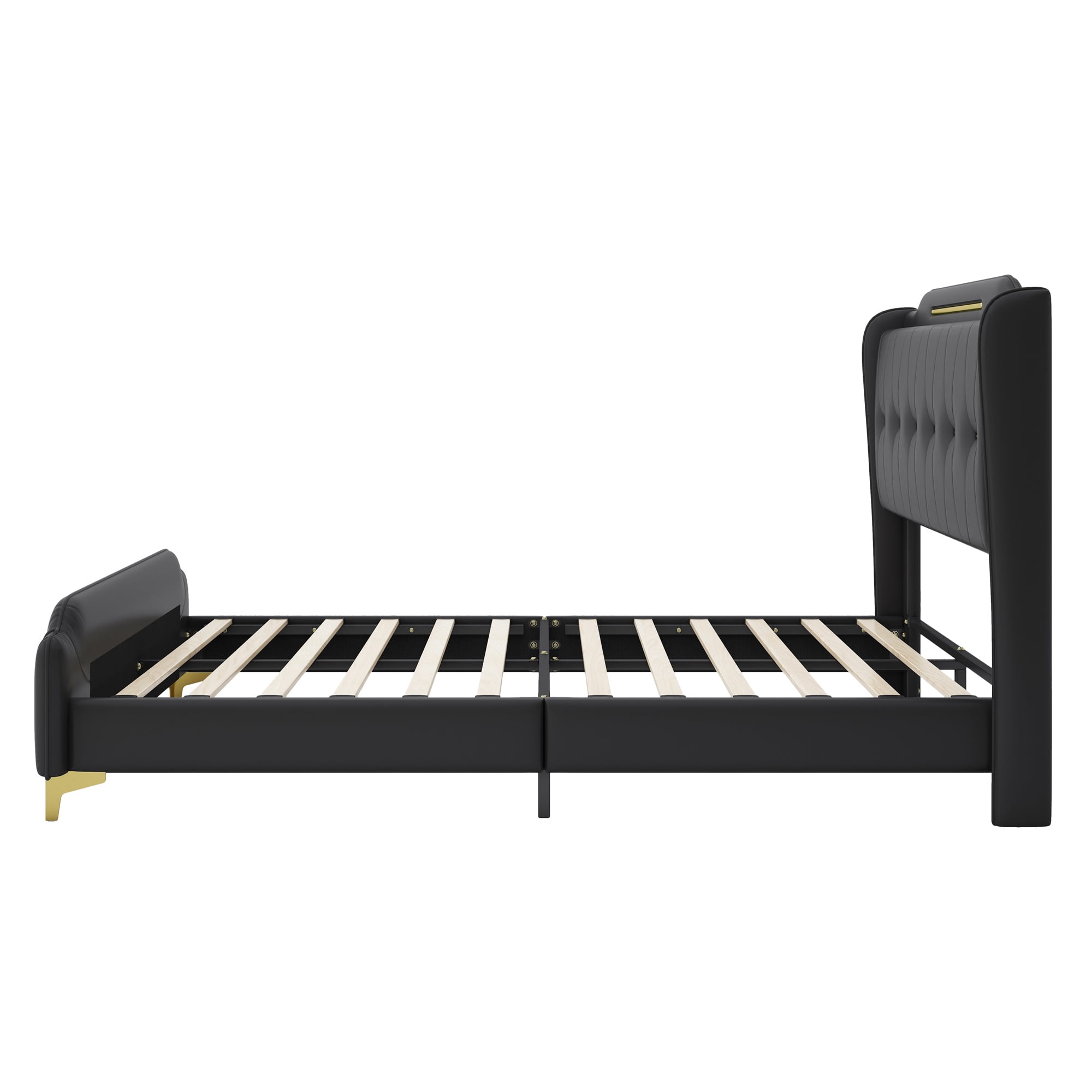 PORKISS Queen Size Bed Frame with PU Leather Upholstered Headboard, No Box Spring Needed, Black