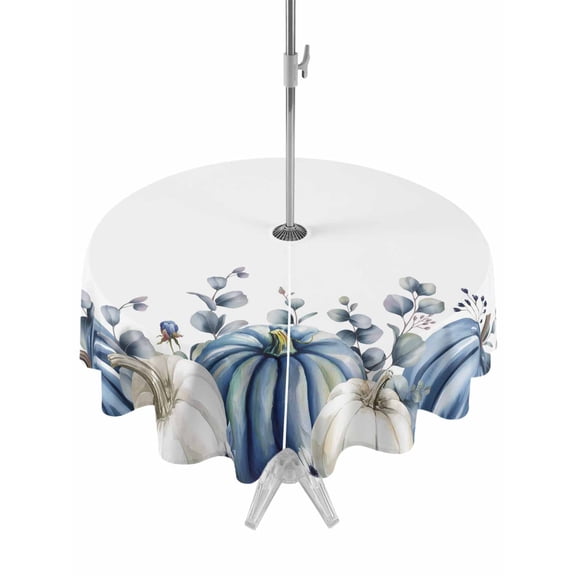 Outdoor Tablecloth with Umbrella Hole and Zipper, Fall Blue Pumpkin Round Table Cloth 54 Inch Waterproof Tablecloth, Thanksgiving White Eucalyptus Flower Picnic Table Cover for Patio Camping